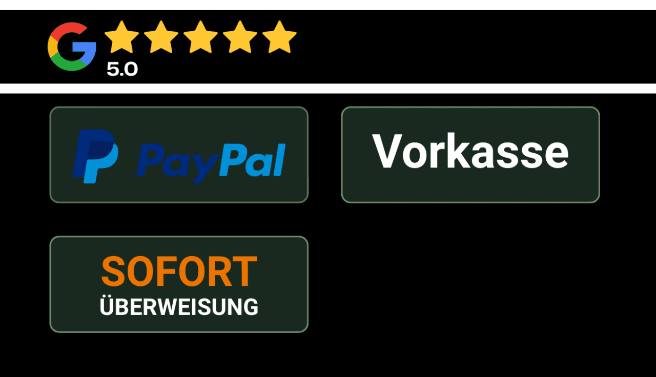 Google 5 Sterne Bewertung. Auflistung der Zahlungsmöglichkeiten: PayPal, Vorkasse und Sofort Überweisung